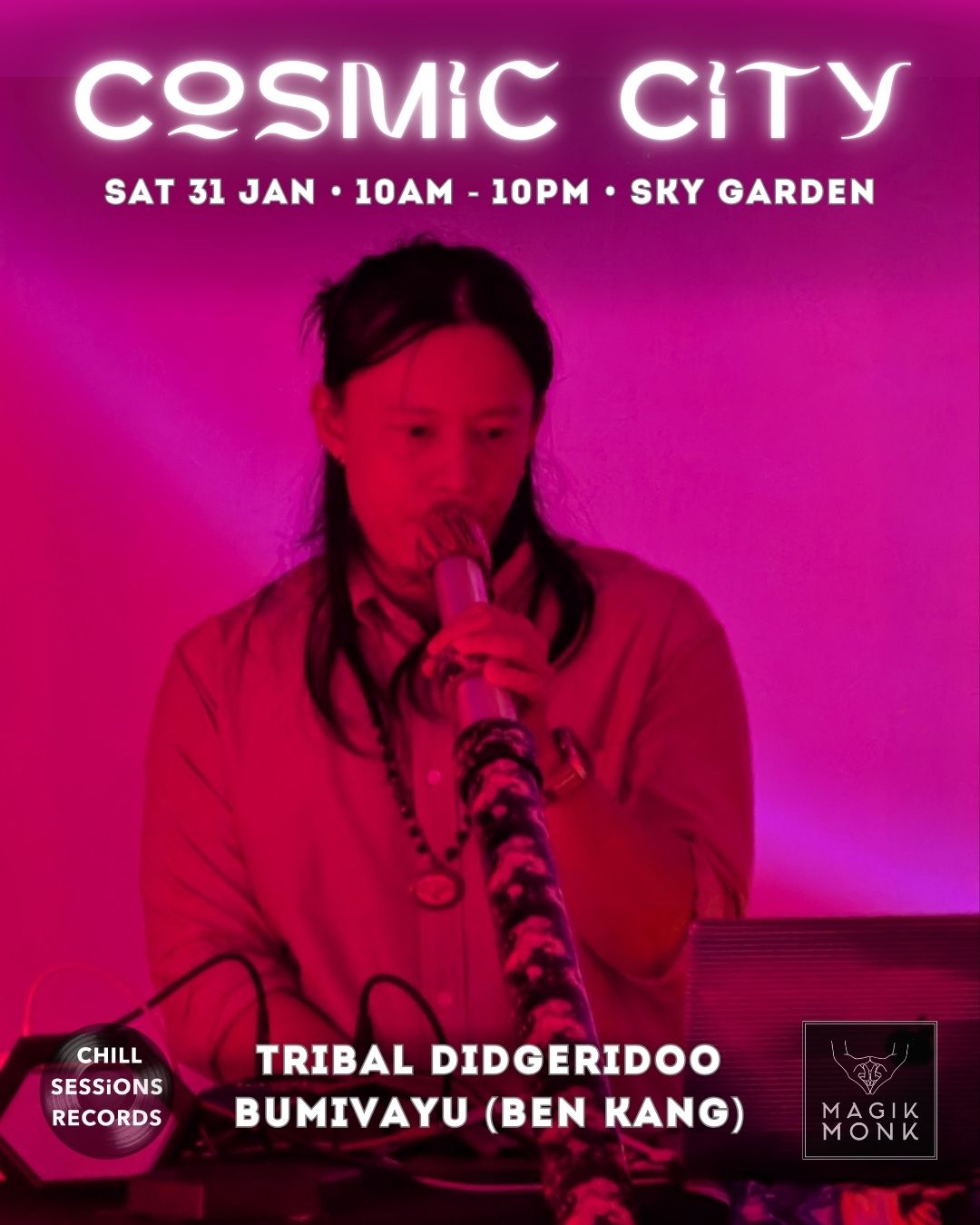 Event flyer for Musicpath Pro student Bumivayu's didgeridoo show at Cosmic City, booked through the program, an example of monetizing your music.